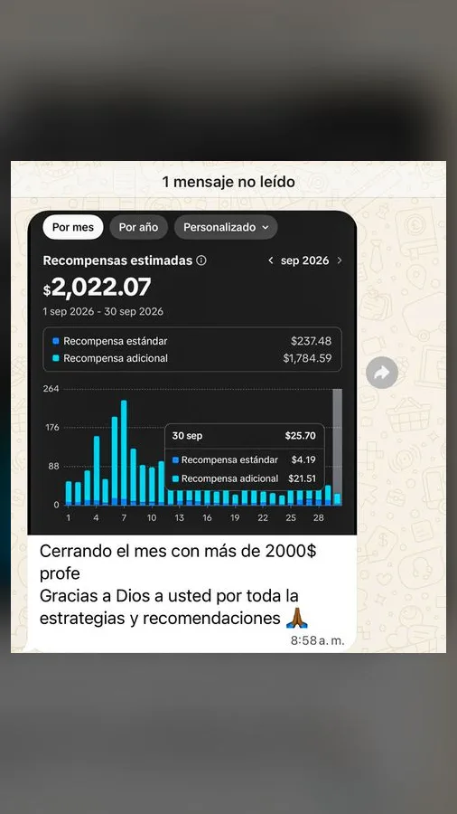 Captura de un alumno: recompensas estimadas de TikTok de 2.022 dólares en septiembre de 2026 y el mensaje «Cerrando el mes con más de 2000$ profe»