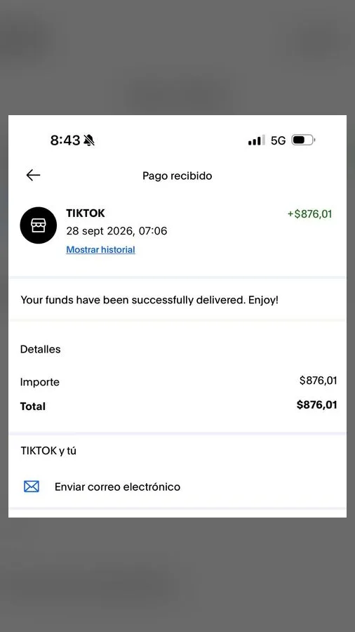 Pago recibido de TikTok por 876 dólares el 28 de septiembre de 2026