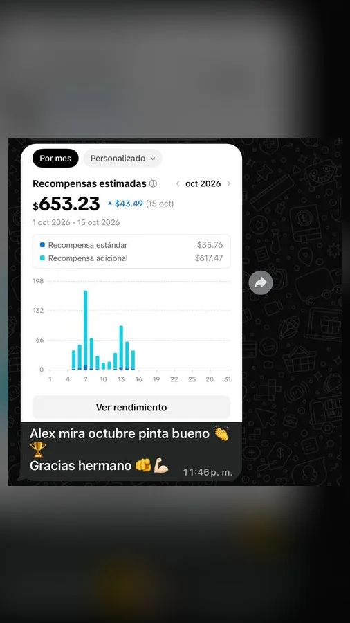 Recompensas estimadas de TikTok de 653 dólares entre el 1 y el 15 de octubre de 2026 y el mensaje «octubre pinta bueno»