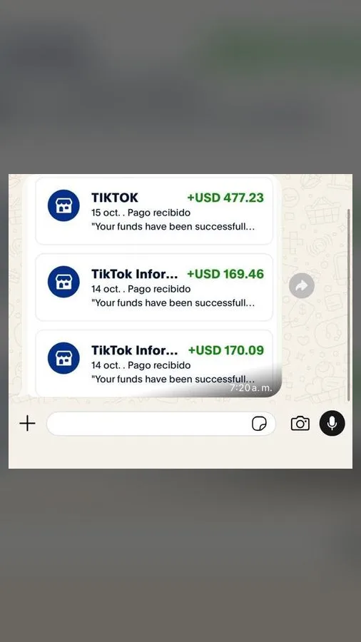 Tres pagos recibidos de TikTok el 14 y 15 de octubre: 477, 169 y 170 dólares