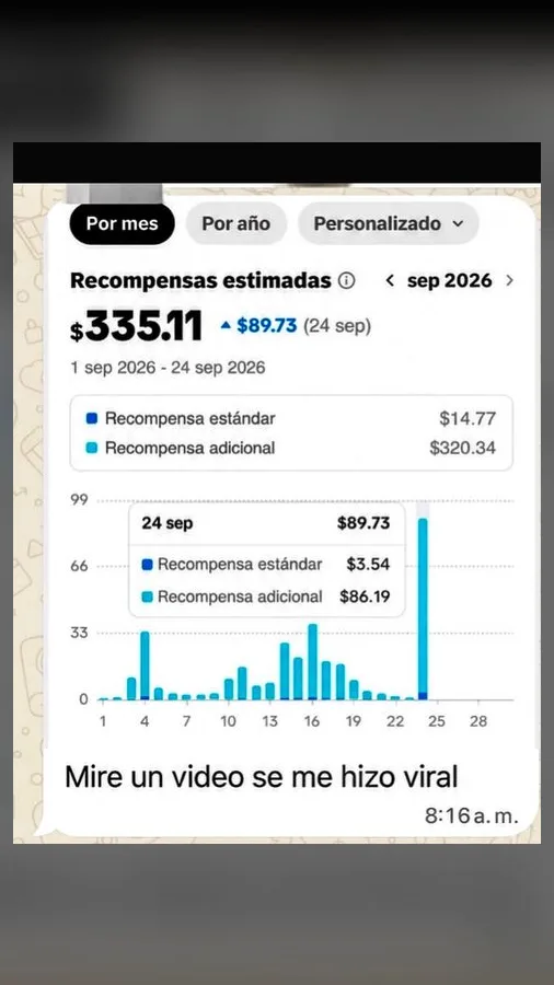 Recompensas estimadas de TikTok de 335 dólares en septiembre de 2026 y el mensaje «Mire, un video se me hizo viral»