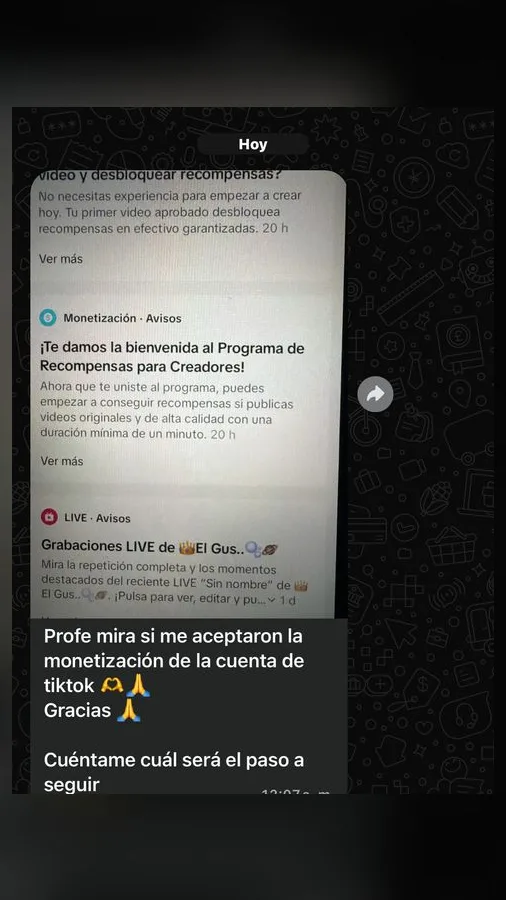 Aviso de TikTok que da la bienvenida a un alumno al Programa de Recompensas para Creadores
